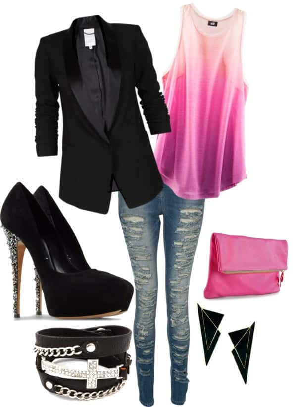 Tri-tone tank, distressed skinny jeans and tuxedo jacket