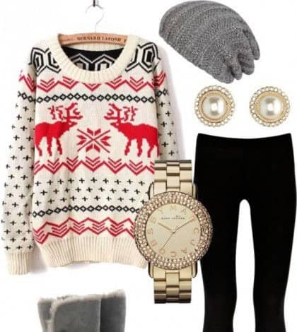 “Ugly Christmas sweater” and knit cap