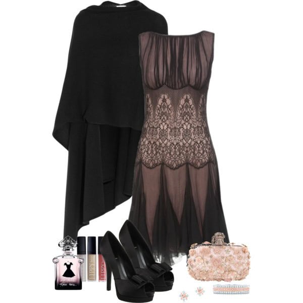 Dress with black sheer overlay and black cape