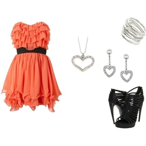 Orange strapless ruffled dress and black strap heels