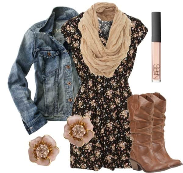 Floral dress, jean jacket and cowboy boots