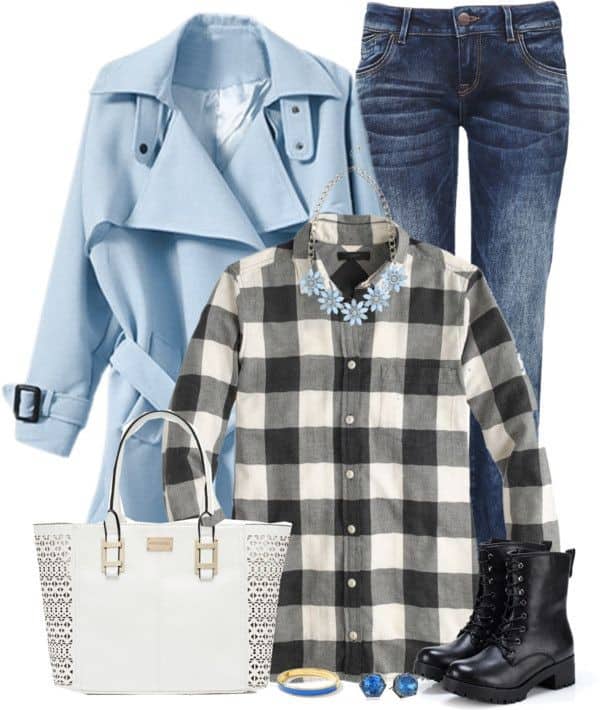 Polyvore Outfit Ideas: Baby blue coat, black-and-white plaid shirt and blue jeans