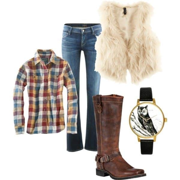 Plaid long sleeve shirt with white faux fur vest