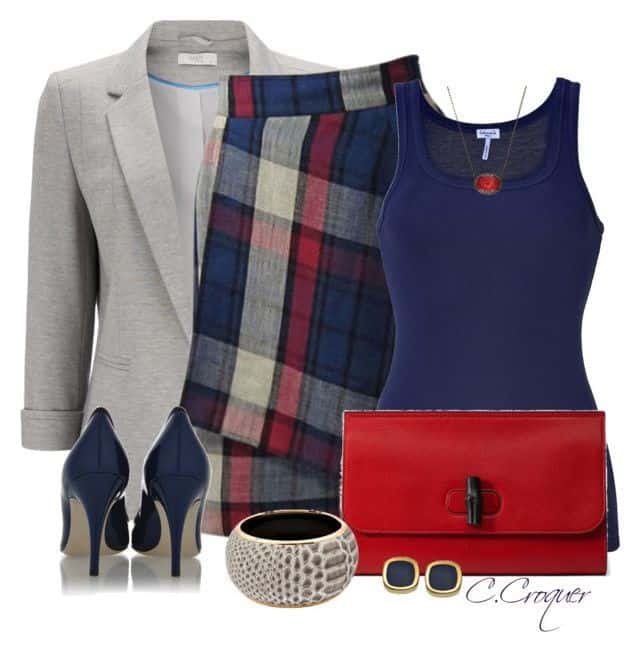 Plaid skirt, solid tank and blazer