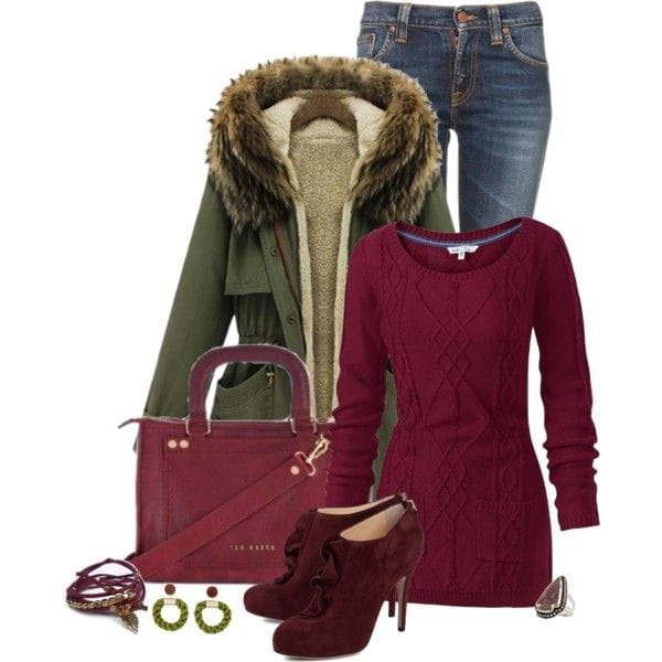 Maroon clothing with army green coat and fur collar