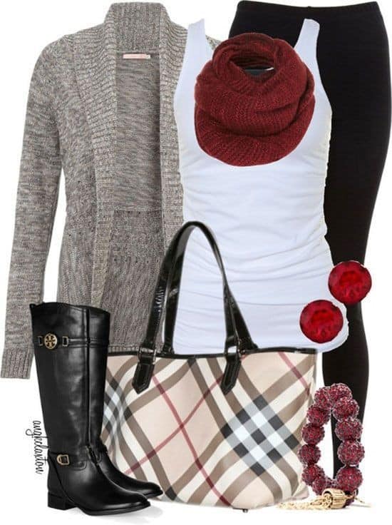 Sweater, tank and plaid tote