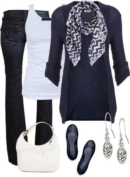 Polyvore clothing collections – Long navy cardigan, white tank and flare jeans