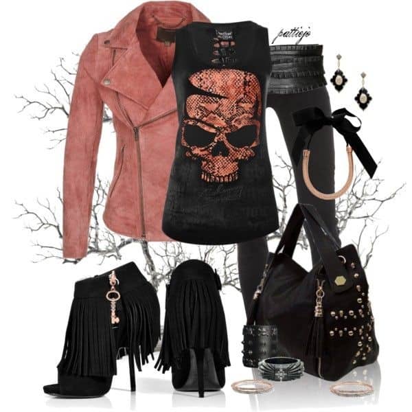 Dirty rose suede jacket, graphic tank and fringe heels