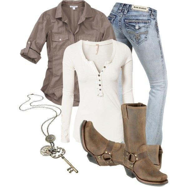 Thermal top, taupe shirt and brown boots