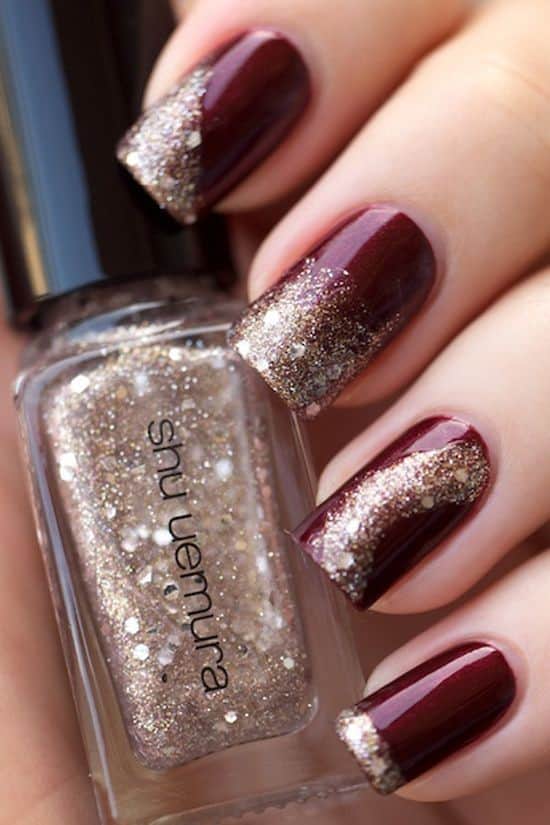 Burgundy and Silver Patterned Nails