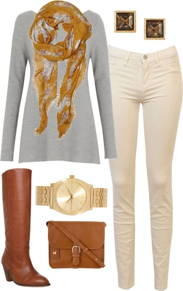 Pale pink jeans, pale grey long sleeve top and golden scarf