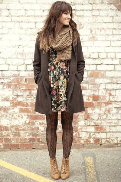 Floral mini dress and pattern tights