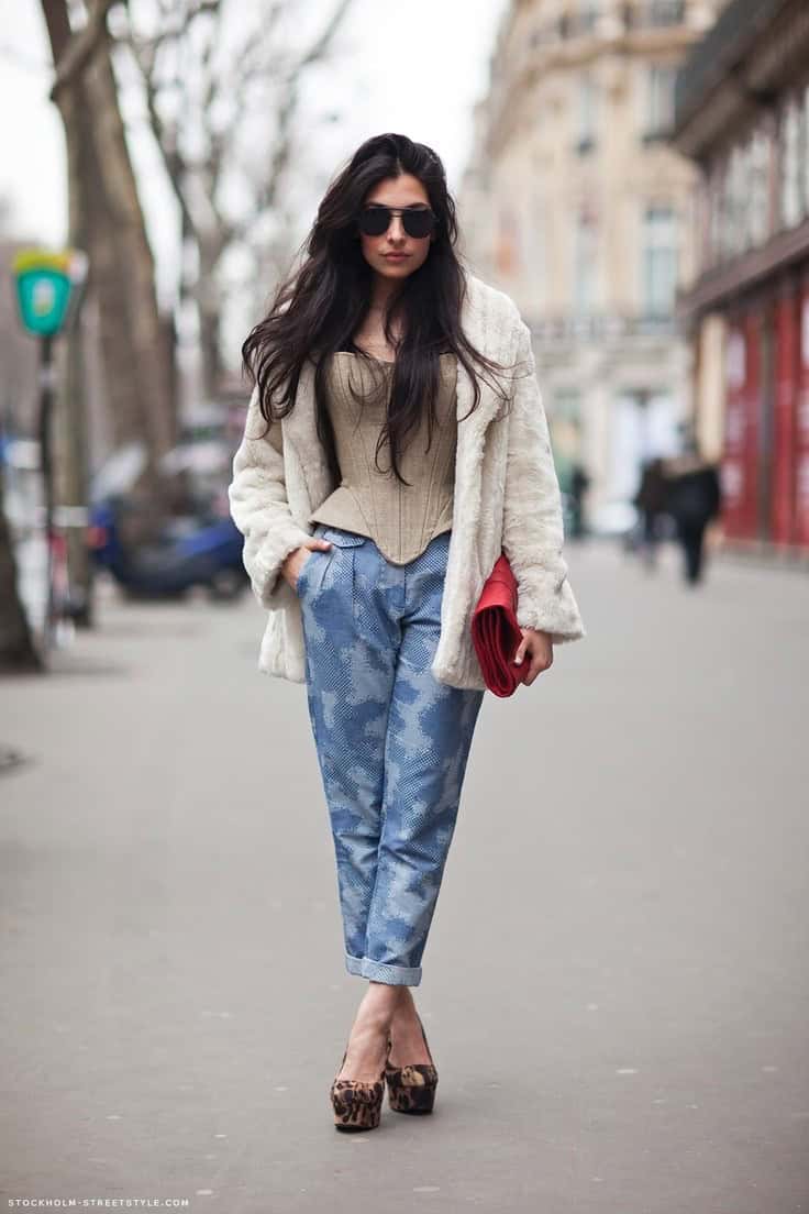 Fur coat, jeans and bustier