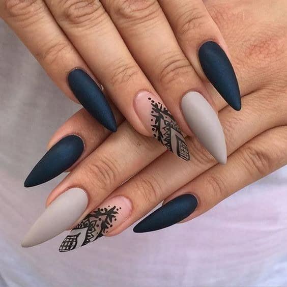 Teal and Grey Pointy Nails with Nail Art