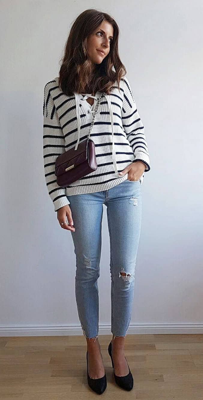 Stripy Jumper and Black Heels