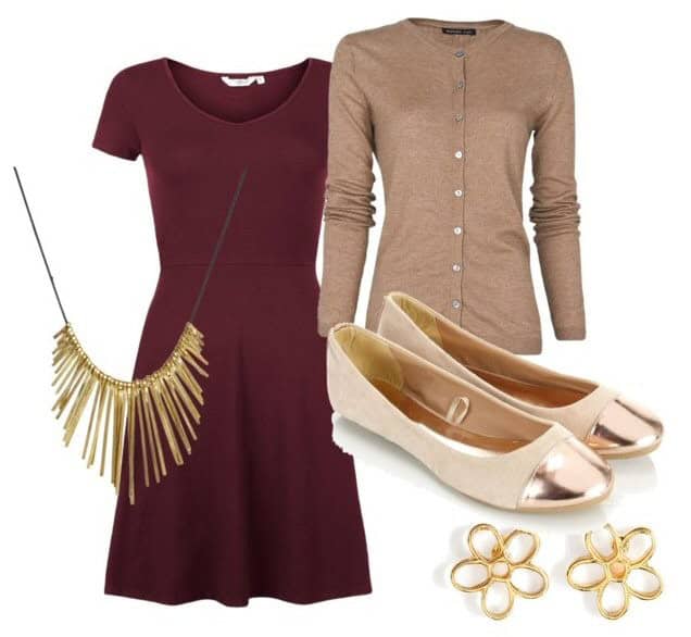 Marsala dress with flare skirt and tan cardigan