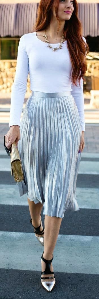 Pleated Skirt and White Top for Spring