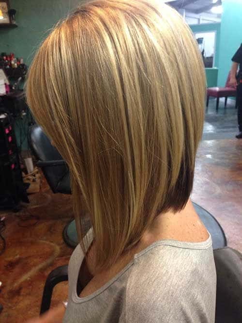 Long angled bob with layer of darker color in the back