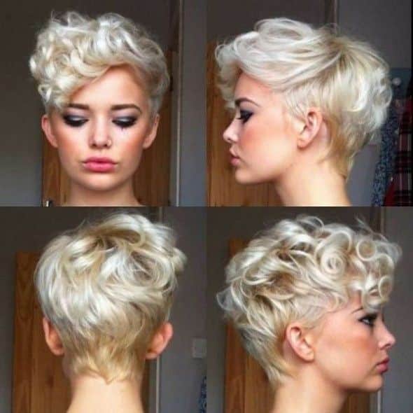 Platinum curly pixie with full layers in front and back