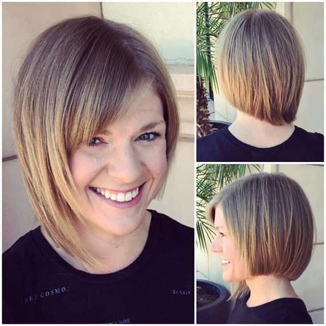 Asymmetrical bob with side part and side-swept bangs