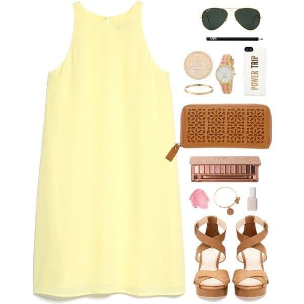 Light buttercup sleeveless linen dress and brown accessories