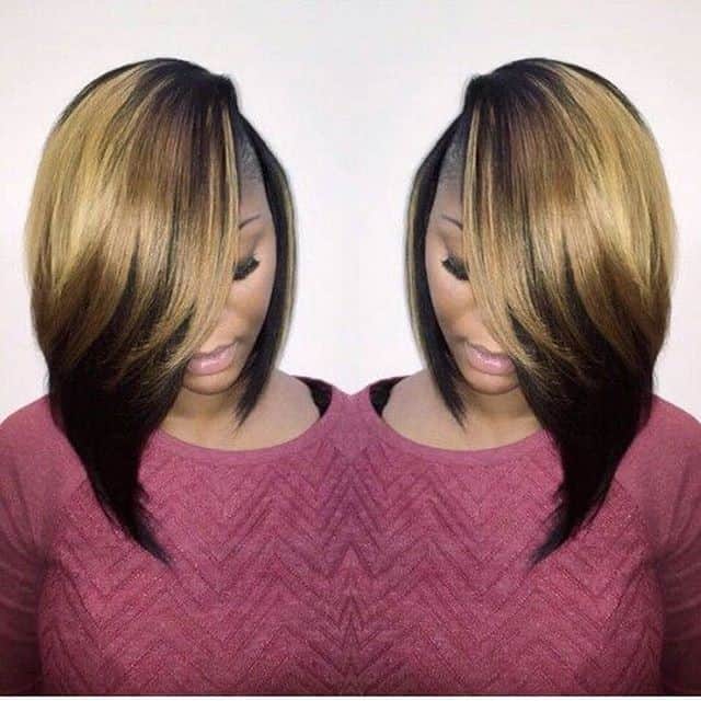 Asymmetrical lob for thick hair with deep side part and caramel and dark blonde color in the front