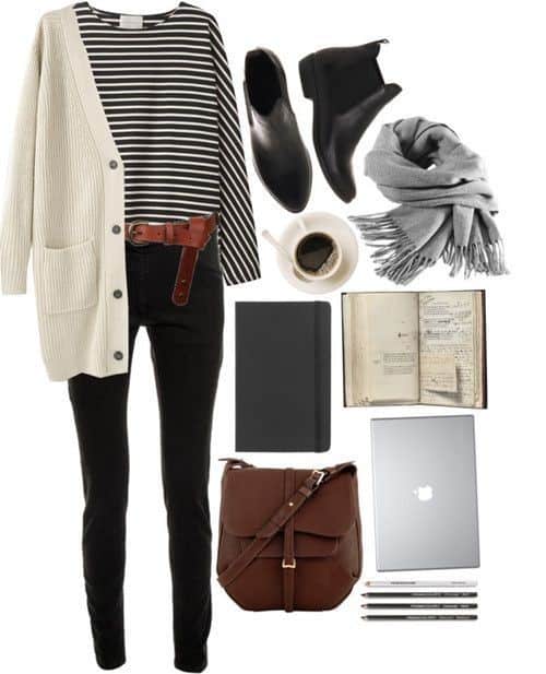 Best outfits for fall – Striped T-shirt, black jeans and white cardigan