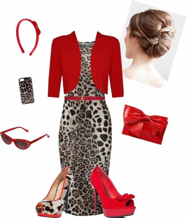 Animal print dress and red crop jacket