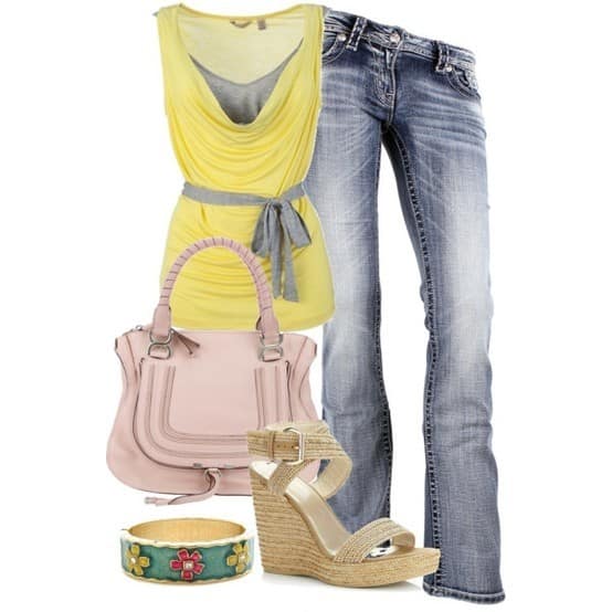 Buttercup sleeveless top, grey tank and jeans