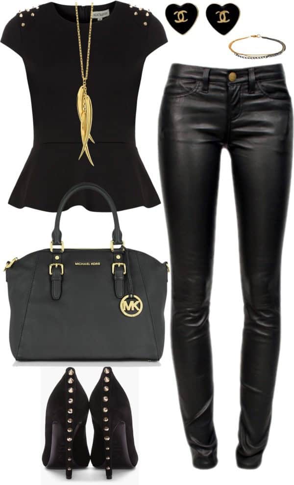 Black “ruffle” top, black leather pants and gold “trim”