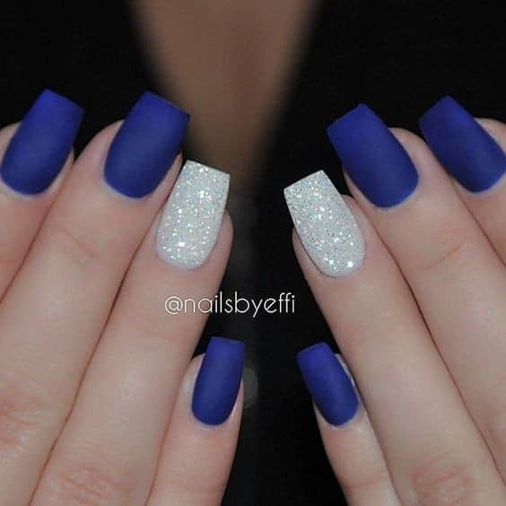 Bright Matte Blue with Silver Glitter Ring Finger