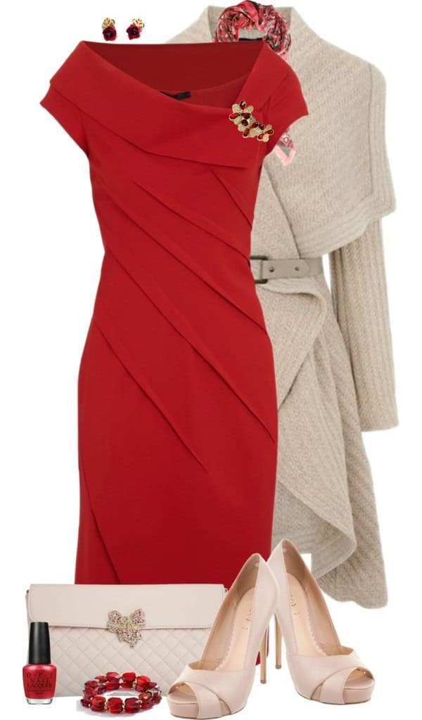 Red dress and taupe cardigan