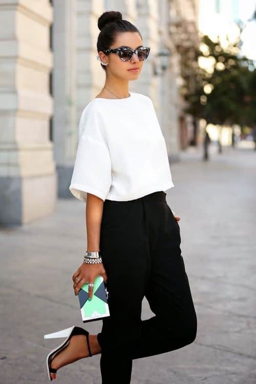 White top with a black flare skirt