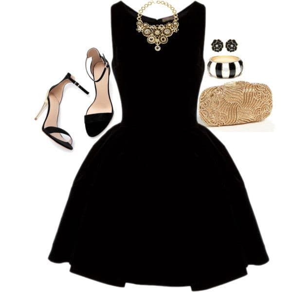 Little black dress with flare mini skirt and black and gold accessories