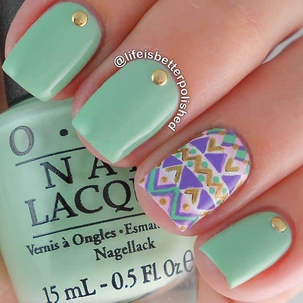 Mint Nails with Gold Studs for short nail