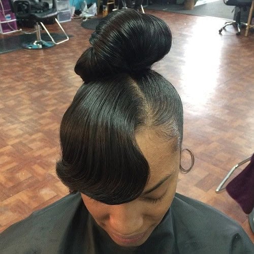 Glossy Top Bun with Waved Fringe