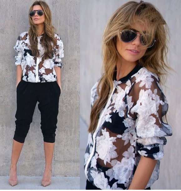 Floral sheer bomber jacket