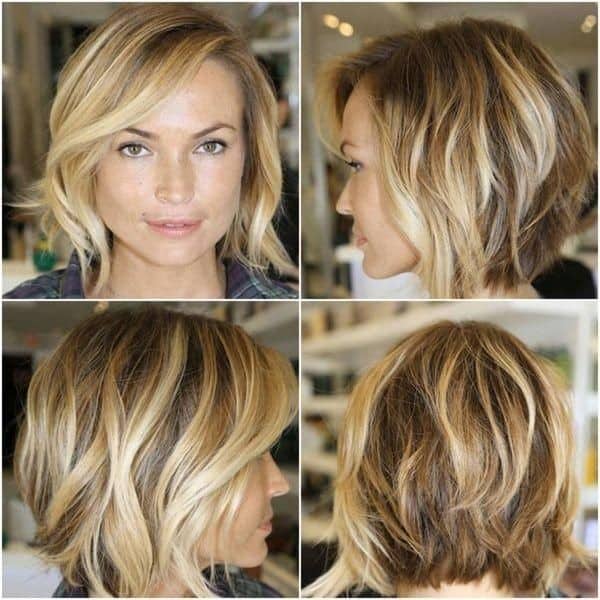 Wavy angled bob with blonde highlights