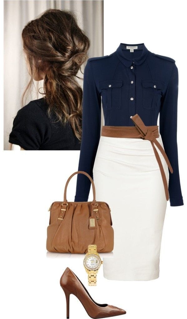 Navy blue blouse, white pencil skirt and brown accessories