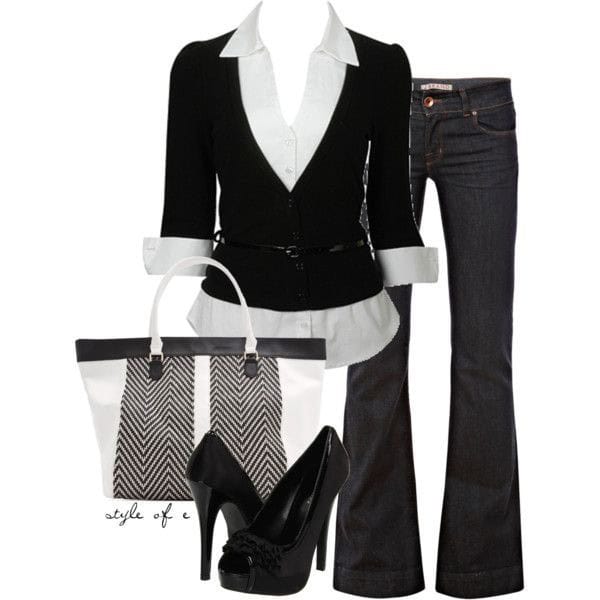 Fall outfits for Work – White collared shirt, black button down cardigan and dark flare pants