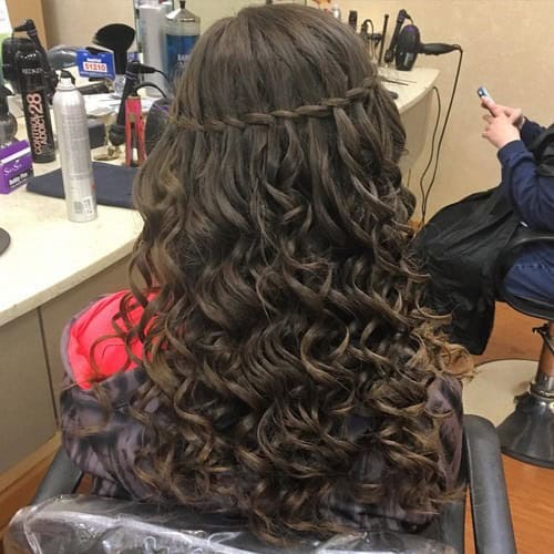 Romantic Ringlets on Brown Hair with Waterfall Braid