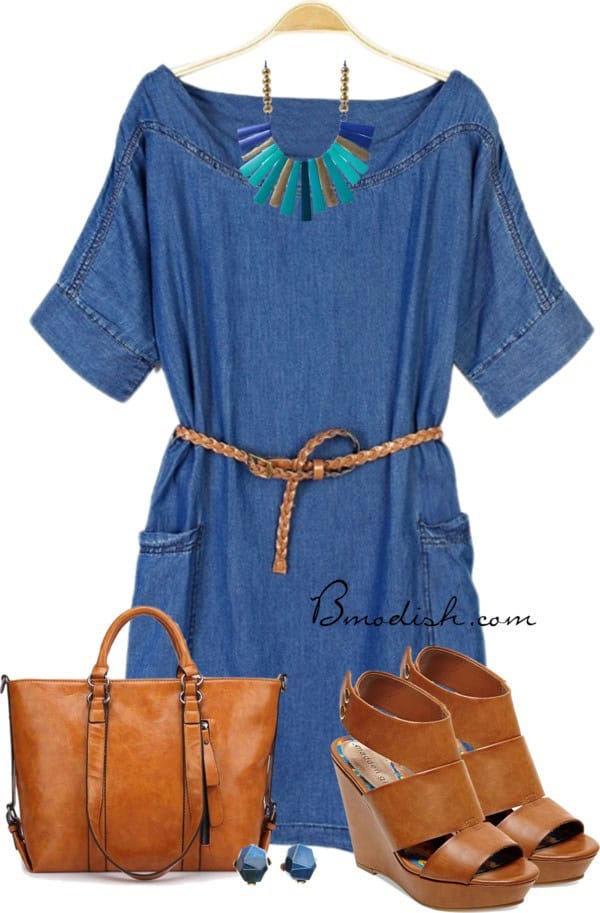 Denim short-sleeve dress and leather accessories