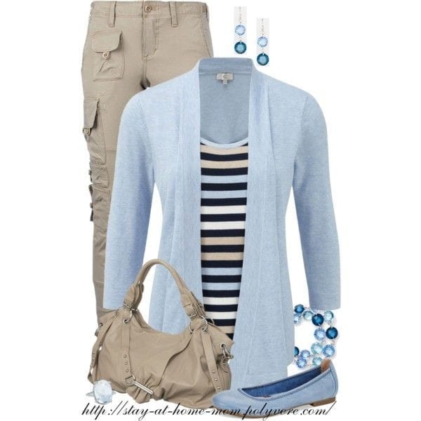 cute fall outfit ideas polyvore: Striped shirt, baby blue cardigan and khaki pants