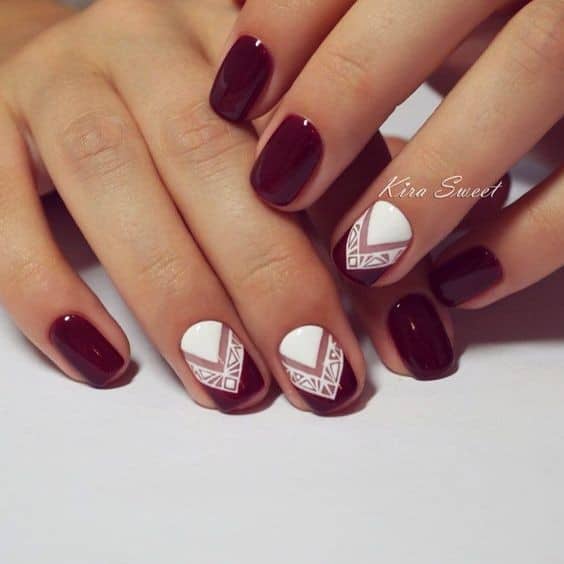 Chic Maroon and White Nail Design