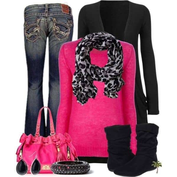 Hot pink and black with animal print scarf