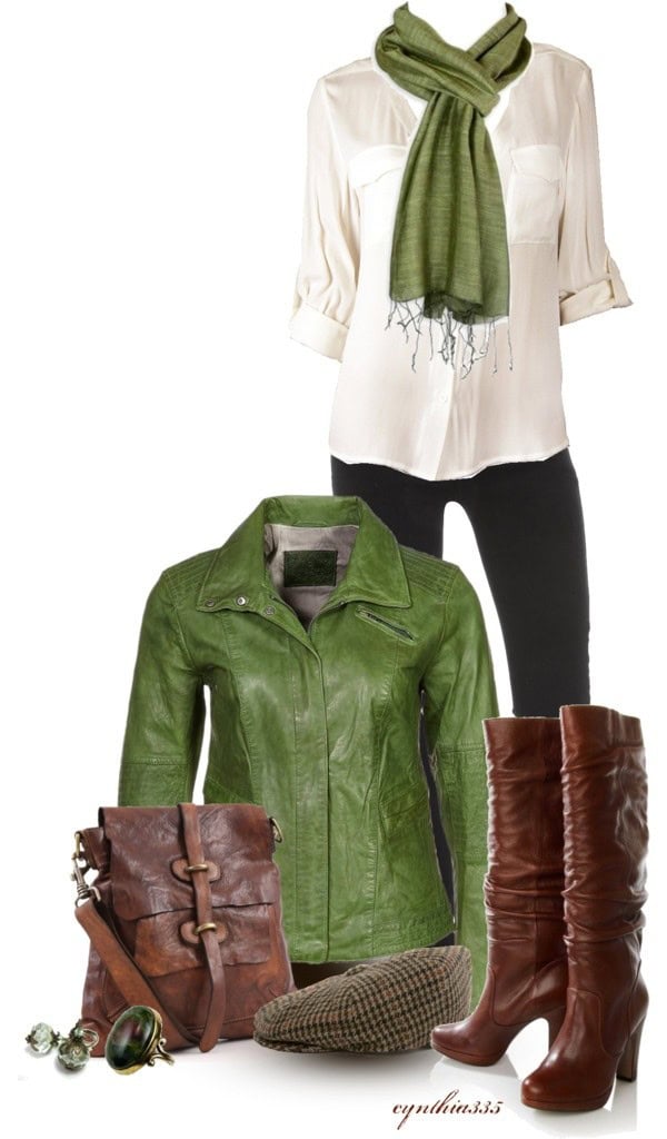 White blouse, black leggings and desert sage leather jacket – polyvore outfit ideas for winter