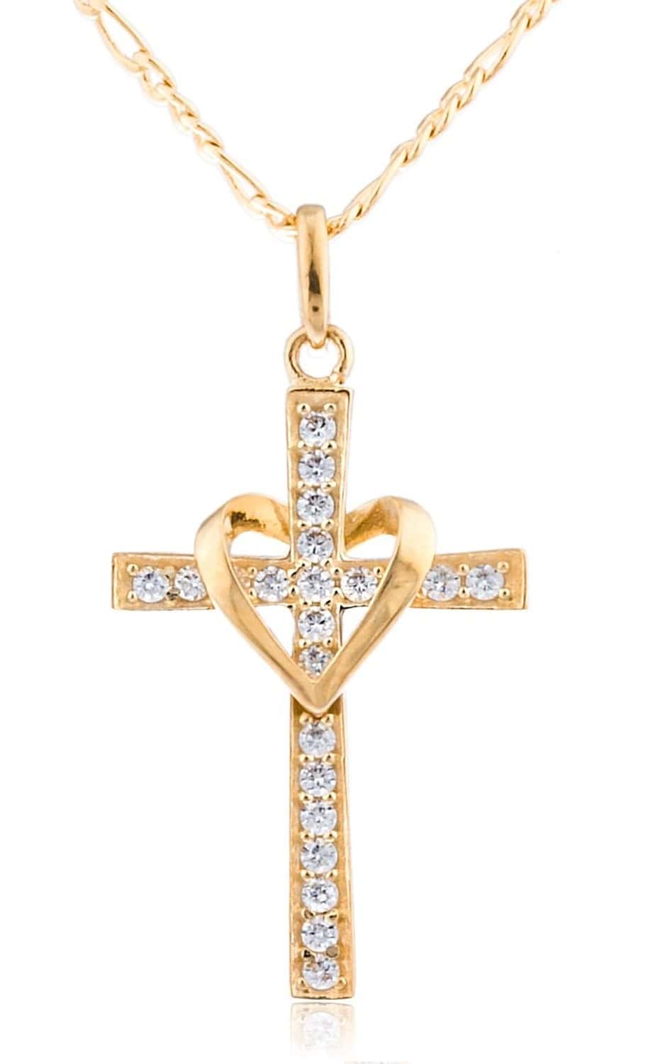 Real 10k Yellow Gold Heart & Cross Pendant with an 18 Inch Gold Overlay Figaro Necklace