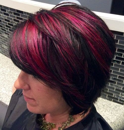 Black Bob with Red Highlights – short haircut for women over 50