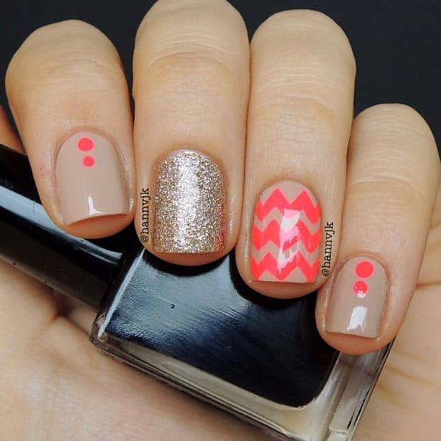 Nude and Neon Nail Design for Short Nails