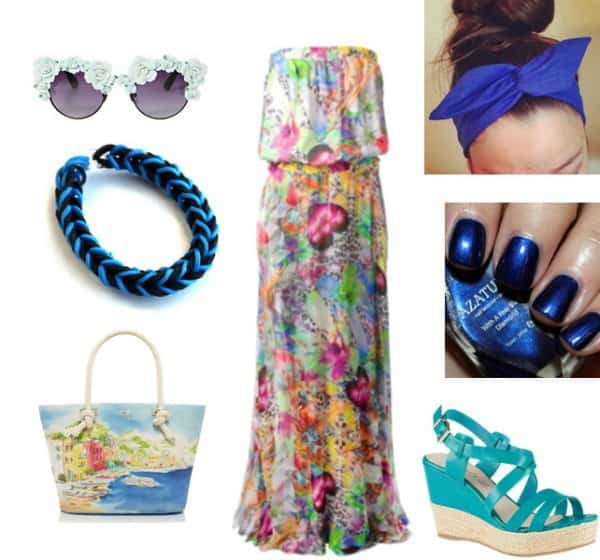 Printed strapless floral mini dress with solid-color accessories